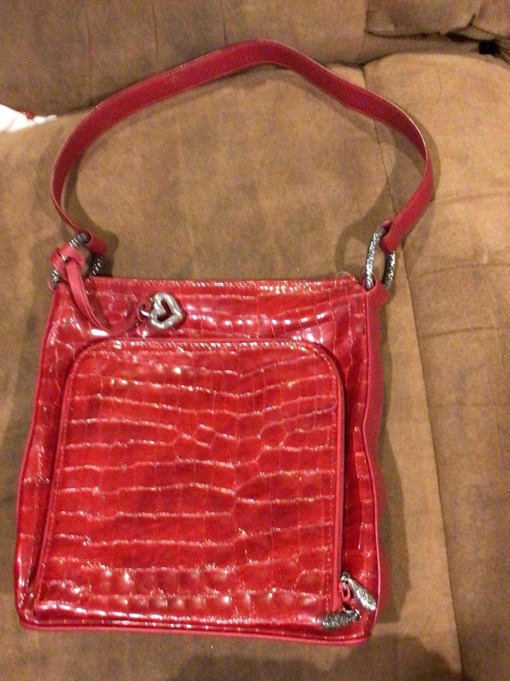 Brighton Glossy Red Croc-Embossed Shoulder Bag with Silver Accents
